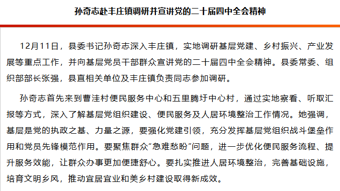 孫奇志赴豐莊鎮調研并宣講黨的二十屆四中全會精神